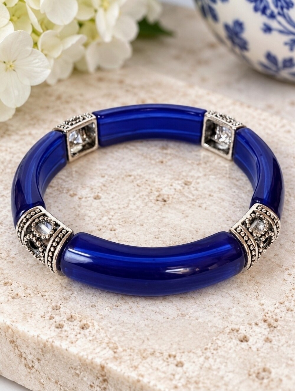 Navy Blue Lucite Curved Segments Stretch Bracelet Vintage Silver Metal Beads NEW